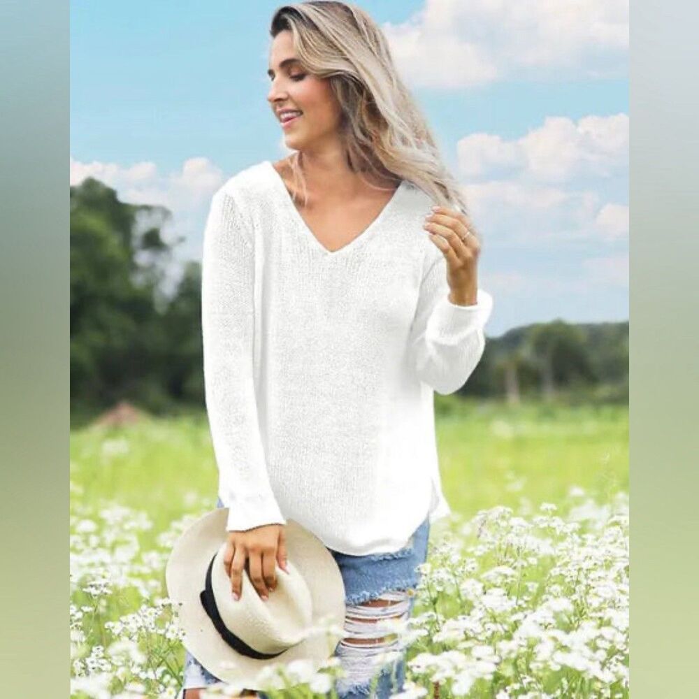 Wooden Ships Sanibel V-Neck White Open Weave SweaterCotton Blend Size  M/L